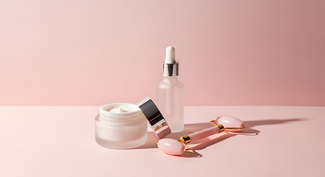 Elegant arrangement of premium skincare essentials and beauty tools. Hydrating cream, serum, and rose quartz rollers on a pink background for a serene self-care routine