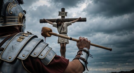 A Roman soldier and figure on a cross under a dramatic sky