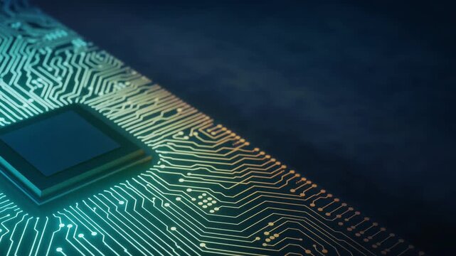 Futuristic Glowing Microchip on Circuit Board with Neon Light and Copy Space Background
