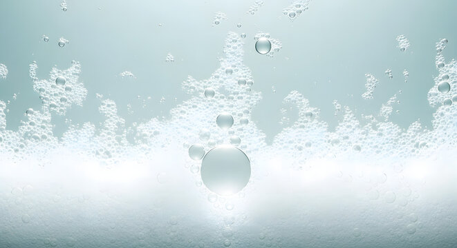 Serene abstract background featuring delicate white foam and glistening air bubbles ascending through a tranquil, light blue liquid, evoking purity and effervescence for a calming visual