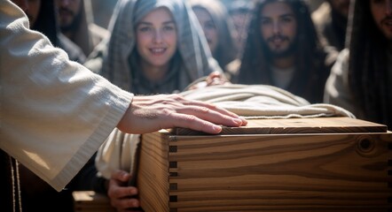 A scene of people gathered, centered around a wooden box, with hands extended toward it