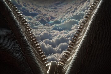 A zipper opening, with a sky full of clouds on the other side