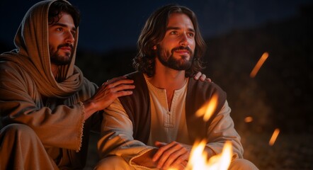 Two figures in traditional attire are seated near a crackling fire, sharing a moment of connection and reflection. One has his hand on the other's shoulder, creating a scene of solace and support.