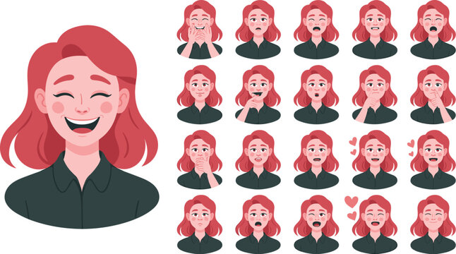 Cartoon woman with various facial expressions showing different moods and emotions for diverse communication needs character illustration for presentations and educational resources demonstrating emot