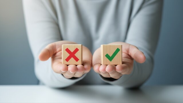 Person holding a wooden block in each hand to select a true option or pass during a decision making process.