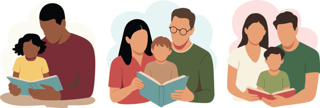 Diverse families reading together illustration for educational resources and family engagement materials showing father and daughter reading a book mother son reading story time literature for childre