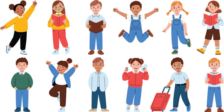 Diverse group of cheerful kids in playful poses reading books and preparing for travel excited multicultural children characters illustration for elementary education school project promoting fun lear