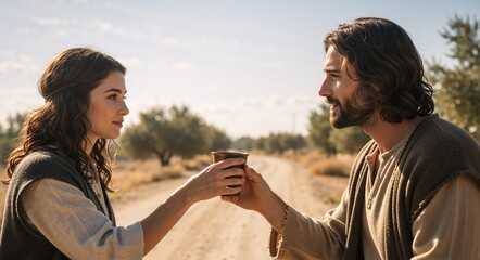 Two people share a drink together. They are on a pathway and the landscape is desert-like