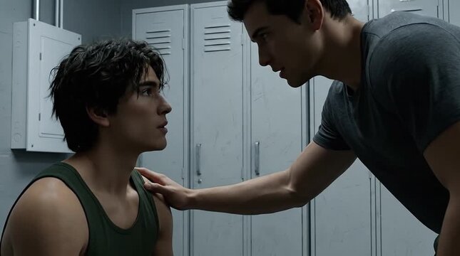 Two Young Men in a Locker Room Engaged in an Intense and Emotional Conversation, One Offering Support with a Hand on the Shoulder, Reflecting Frien...