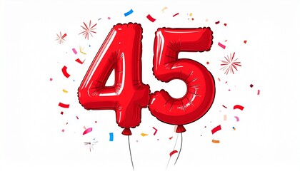 Fototapeta premium Red cartoon style balloon shaped as number 45 with confetti on white background. Illustration for birthday or anniversary party