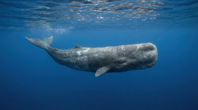 A majestic sperm whale swims gracefully in the deep blue ocean waters near the surface.