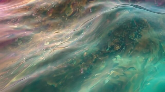 4K seamless loop abstract sound wave animation liquid organic waves glowing pastel colors gradient pink teal violet flowing merging fluid motion, reflections light glows dynamic audio-reactive ripples