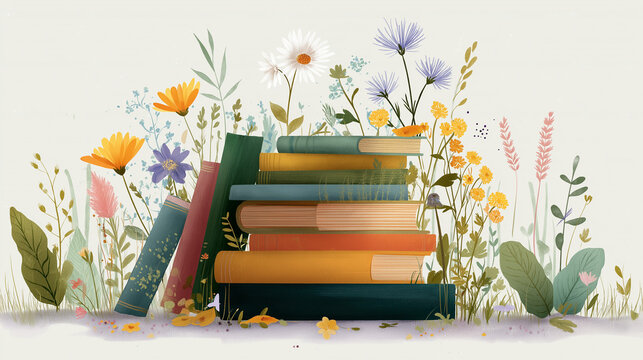 Literary Bloom: A captivating stack of books stands embraced by a vibrant floral arrangement, symbolizing the growth and beauty found within the pages of literature.