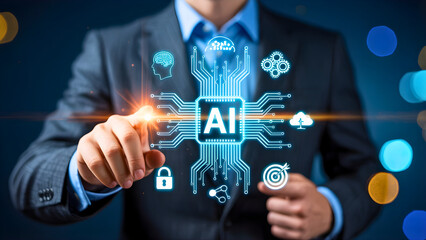 Businessman Activating Artificial Intelligence Circuit Board in a Futuristic Digital Environment