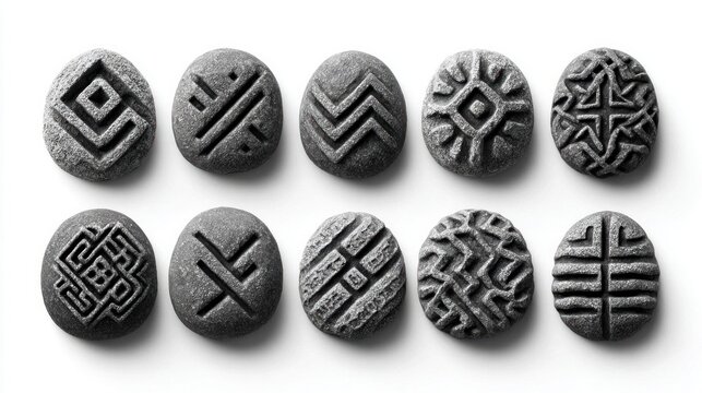 Collection of ten ancient rune stones with intricate carved symbols on a white background