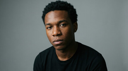 Obraz premium A serious male portrait of a young man posing in a black t-shirt against a neutral grey background.