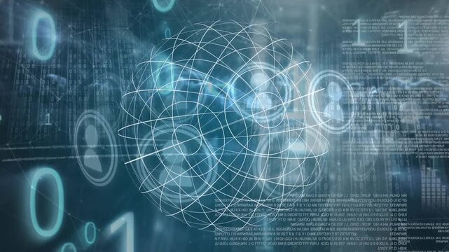 Animation of binary code and rotating icons over network of connections