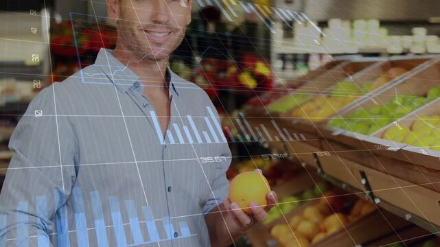 Animation of data processing over smiling caucasian man holding fruit in shop