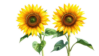 Fototapeta premium Two vibrant sunflowers, with yellow petals and brown centers, standing tall on green stems and leaves against a black background