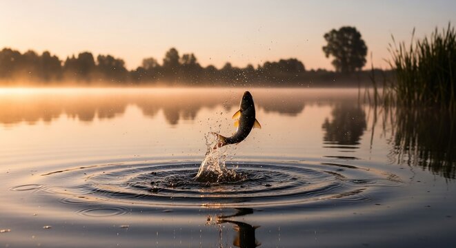 Fish jumping out of water at sunset