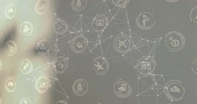 Animation of network of connections with icons over gray background