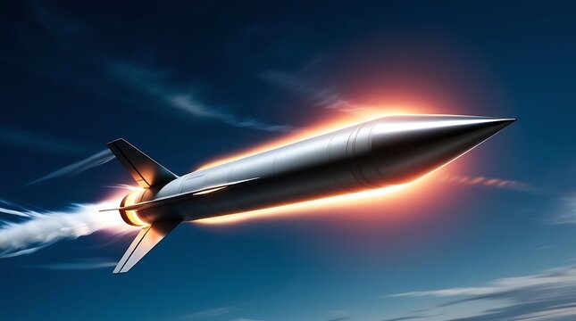 A photo of a Hypersonic missile in mid-flight, emitting a vibrant heat glow with intense motion blur, rendered in cinematic realism with a science-fiction style.