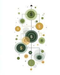 Obraz premium Financial Ecosystem: A conceptual illustration depicting the interconnected flow of financial resources, symbolized by dollar signs within a network of circles and arrows.