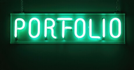 Fototapeta premium Bright neon sign spells portfolio. Green glow contrasts dark background. Simple design, modern aesthetic, clean presentation.
