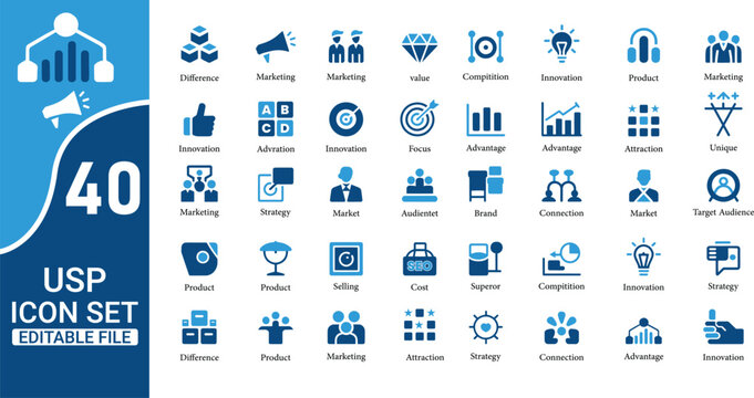 A collection of forty blue icons representing business technology and strategy concepts