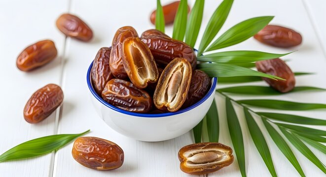 Fresh and sweet dates, whole and halved, presented beautifully with green palm leaves on a rustic white background