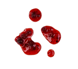 Fototapete Zu Essen Drops and stains of liquid red berry jam or sauce isolated on transparent background, top view, PNG.  © Savvapanf Photo ©