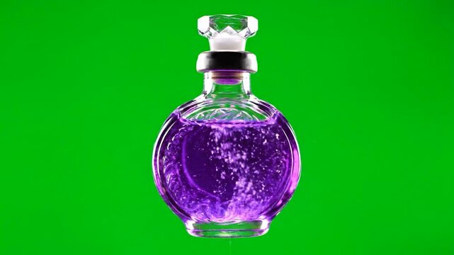 Ornate glass bottle filled with bubbling purple liquid resembling a magical potion or elixir isolated on a green screen for easy compositing