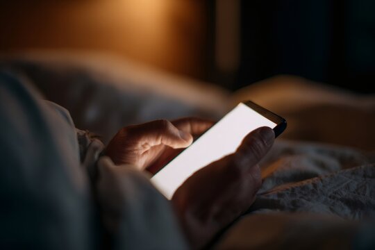 Hands holding smartphone with blank white screen in bed at night. Person using mobile phone in dark bedroom. Mockup space