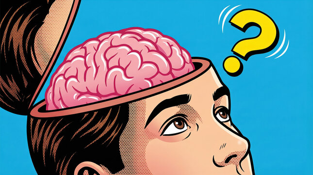 Pop art illustration of an open mind and brain seeking knowledge for mental health and personal wellness.