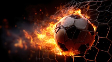 Fototapeta premium Fiery soccer ball crashing into goal net with intense flames and motion.