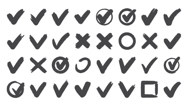 Check tick mark icon set. Cross box x check mark checkbox v list vector draw hand drawn sketch doodle brush marker checklist symbol wrong right circle. Vector Illustration
