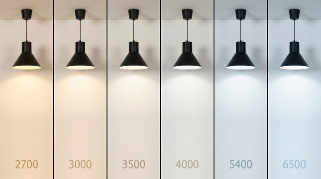 Six black led lamp pendants showing a range of color temperature from warm to cool illumination.