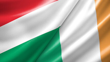 Obraz premium Hungary and Ireland two national flags filling the entire frame, close-up view, edge-to-edge composition