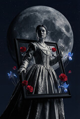 Naklejka premium This surreal portrait of a woman captures the magic of love as she steps from a frame beneath a full moon.