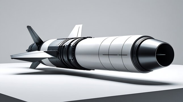 Detailed professional photograph of a Concept missile in an assembled state with an exploded view style presentation, set against a pristine white background and resting on a smooth surface.
