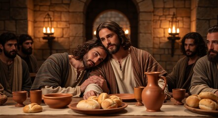 A depiction of a historical scene with several men at a table, focused on two men with long hair and beards embracing. A warm, intimate atmosphere is evoked by candlelight, rustic setting