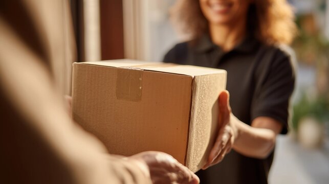 Hands of courier hold cardboard box to smiling customer,E-commerce express logistics theme