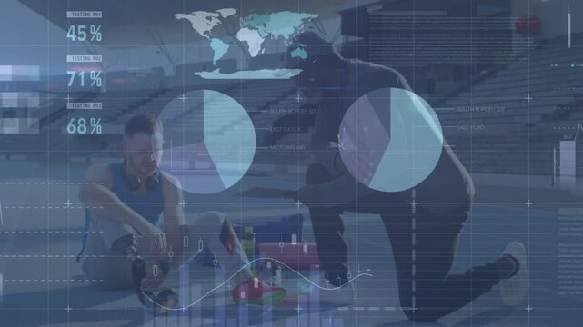 Animation of data processing over caucasian sportsman talking with coach