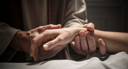 Two hands, one holding another, suggesting connection and support. The close-up emphasizes touch and intimacy, conveying emotions of care and compassion