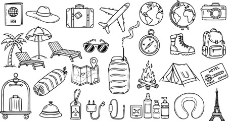 Travel and Tourism Icons Set - Black and White Hand Drawn Line Art Doodles. Essential Elements for Vacation, Adventure, and Global Journeys. © victoria