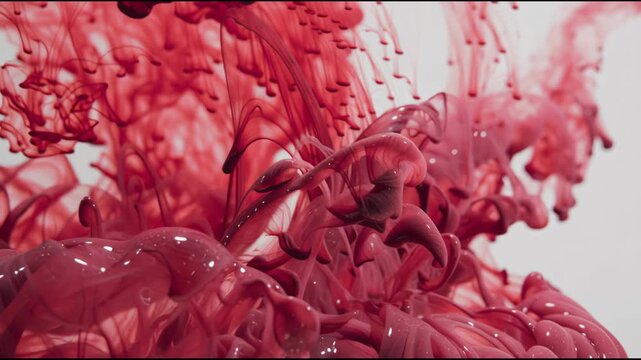 Abstract red ink swirling in water with fluid dynamic shapes and artistic motion effect on light background