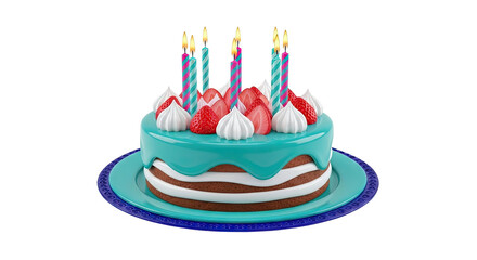 Birthday cake with turquoise frosting, strawberries, and candles