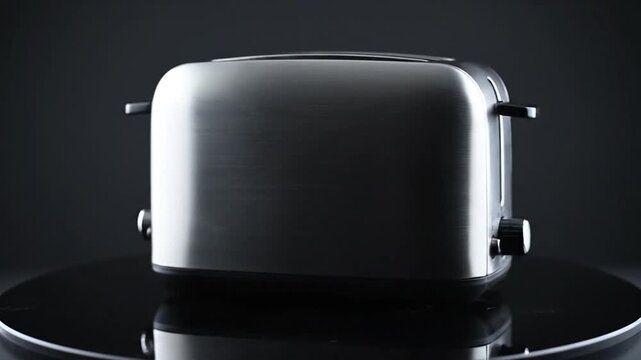 A shiny toaster on a circular, reflective surface against a dark background, possibly for advertising or kitchen-related use