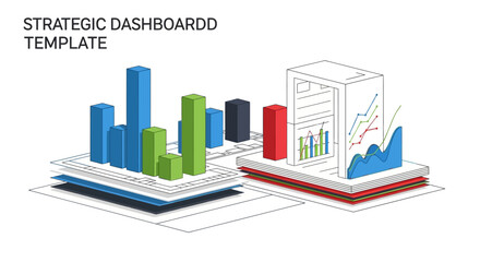Fototapeta premium Isometric Strategic Dashboard Template. Business Data Analysis, Financial Reporting, and KPI Visualization Concept with 3D Bar Charts and Line Graphs.