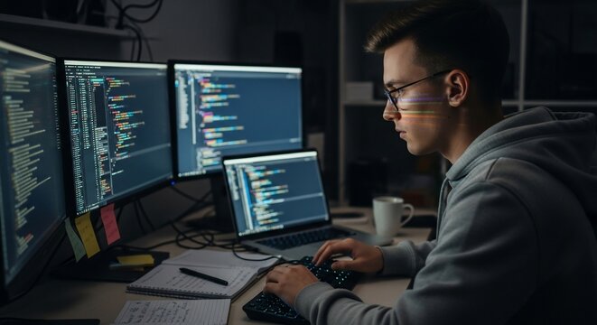 Focused young programmer working at desk with multiple screens